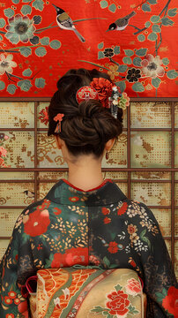 一個身穿花卉圖案和服、頭戴大發(fā)飾的日本女性