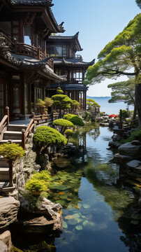 具有美麗花園和湖景的東方建筑房屋