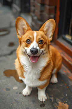 柯基犬坐在建筑物外的濕地上