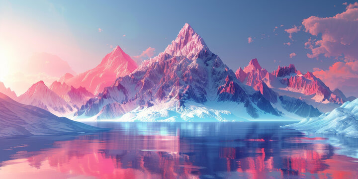 奇幻風(fēng)景粉色的山脈和藍(lán)色的湖泊