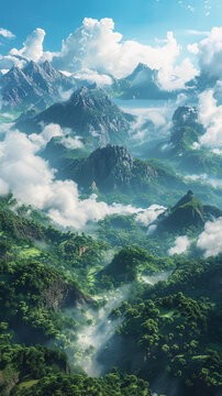 云霧繚繞的山峰與綠色植被的壯麗景色
