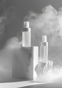 兩個(gè)白色的香水瓶子在一個(gè)大理石講臺(tái)上，背景是白色的煙霧