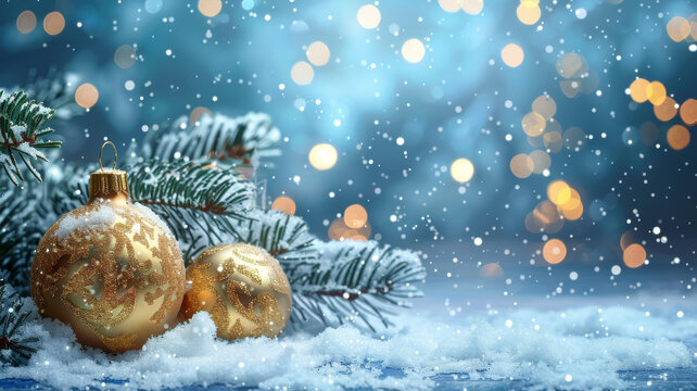 冬日雪景中的金色圣誕裝飾