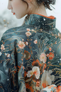 一個(gè)穿著藍(lán)色繡花和服的日本女人