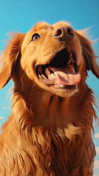 一只金毛獵犬張著嘴伸著舌頭仰視鏡頭