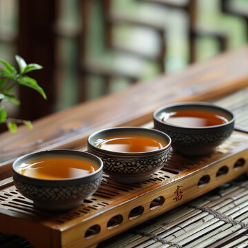 三只青花瓷蓋碗擺放在竹制茶盤上