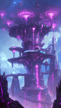 夢(mèng)幻城市景觀，漂浮的建筑和紫色發(fā)光的蘑菇