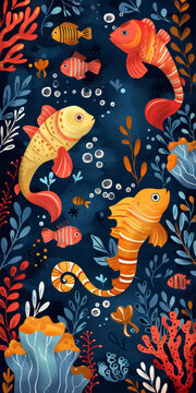 一群魚在珊瑚礁中游動插圖