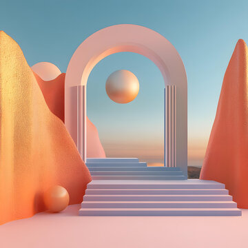 抽象粉色臺階拱門3D渲染