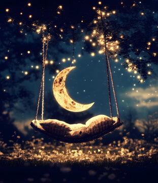 夢幻夜空下的新月秋千
