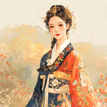 身穿韓國(guó)傳統(tǒng)服飾的年輕女子