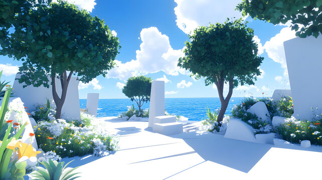 白色建筑和藍(lán)色海洋風(fēng)景