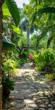 熱帶植物和石板路庭院