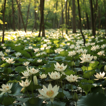 森林環(huán)繞的池塘里盛開的白色蓮花