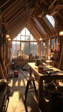 在陽光充足的大窗戶小屋里木工工作室