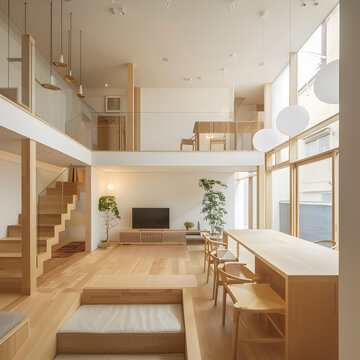 簡約日式風(fēng)格家居室內(nèi)設(shè)計，木質(zhì)地板，開放式樓梯