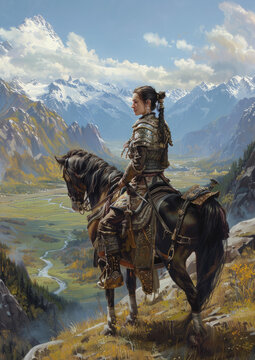 女戰(zhàn)士騎馬遠(yuǎn)眺山河