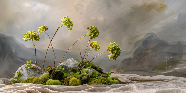 綠色花朵、苔蘚和巖石的布藝背景