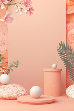 簡(jiǎn)約產(chǎn)品展示背景，桃粉色背景花卉元素