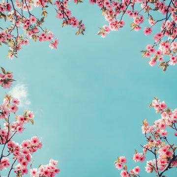 粉紅色的櫻花在藍天下的花框