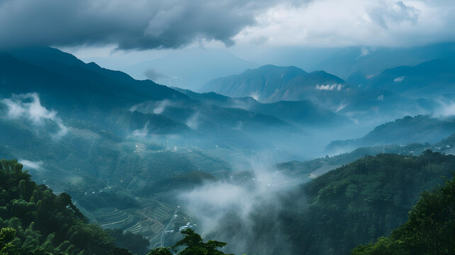 云霧繚繞的山峰景觀