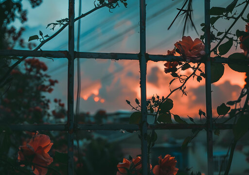 柵欄后的玫瑰與夕陽