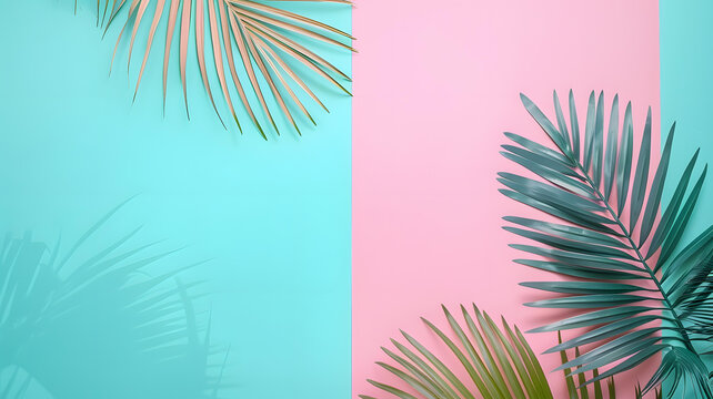 粉色藍色背景上的熱帶樹葉