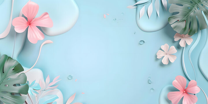 藍色背景上的熱帶花卉和葉子