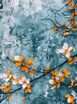 藍(lán)色墻面上的抽象花枝油畫