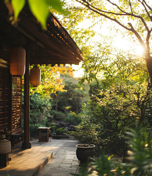中國傳統(tǒng)建筑庭院景色，古色古香的庭院中，石板路通向遠方，一盞盞燈籠懸掛在木柱上，綠樹成蔭，陽光灑下，