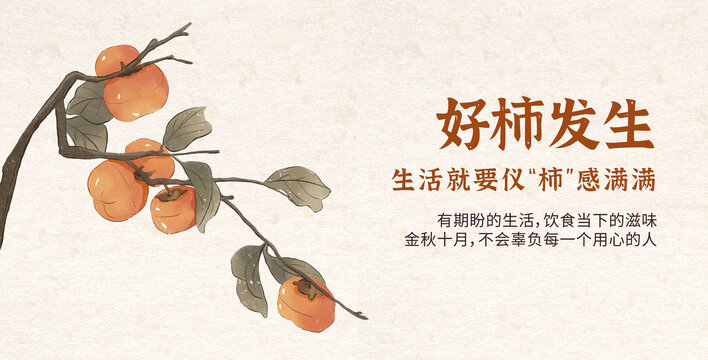 秋天柿子節(jié)氣霜降秋分水彩插畫