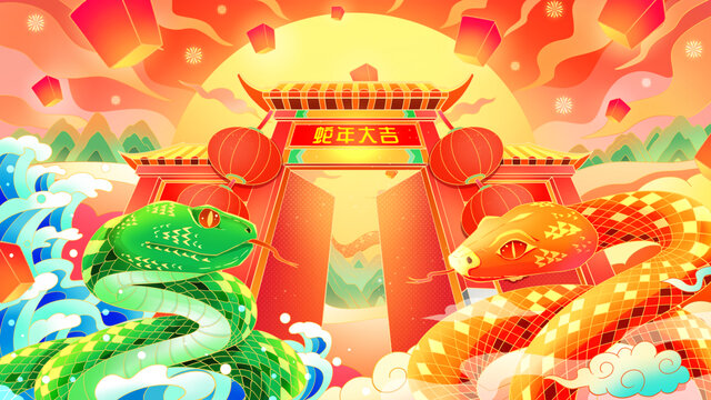 中國風(fēng)蛇年龍門雙蛇拜年插畫
