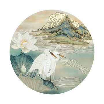 白鷺荷花插畫