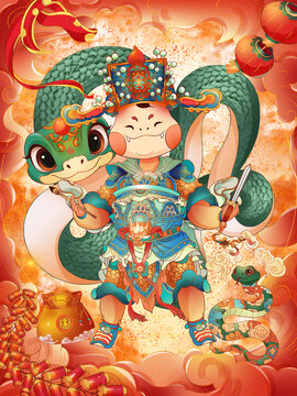 蛇年卡通兒童文武雙全祝福插畫