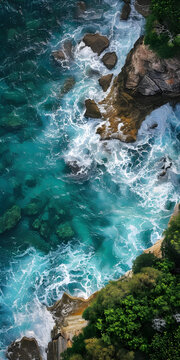 碧藍海面拍打巖石海岸的視角