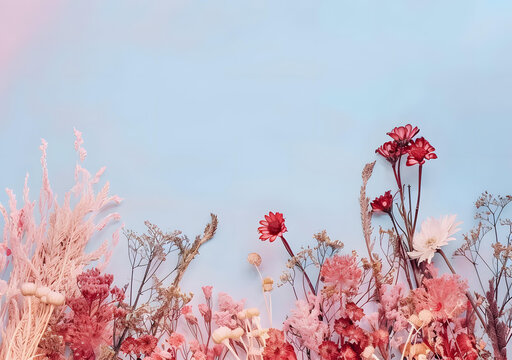 藍(lán)色背景上的干花花束
