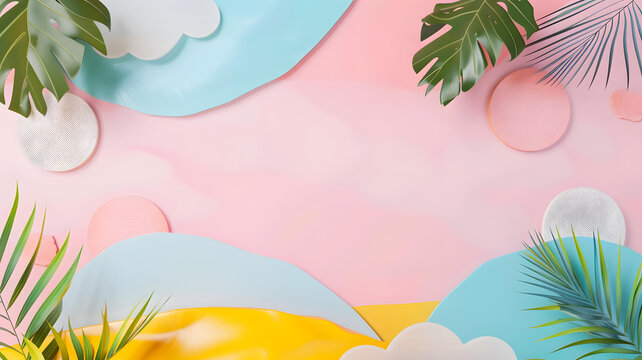 彩色圖形和綠色葉子的抽象夏季背景