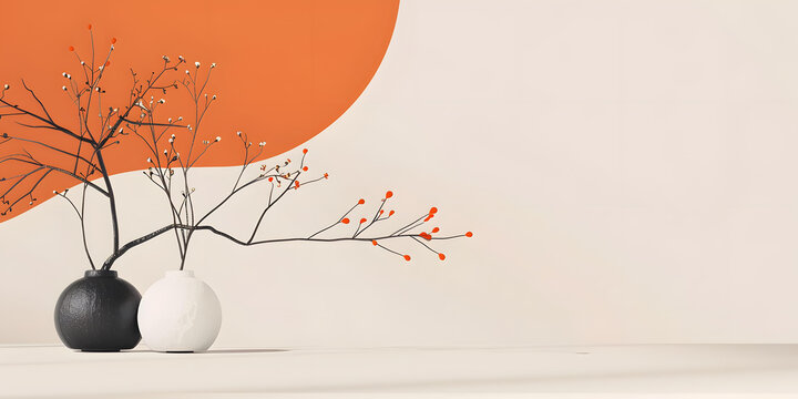 簡(jiǎn)約風(fēng)格黑白花瓶與橙色背景的裝飾