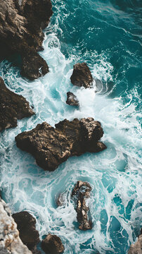 海浪拍打巖石的空中視角