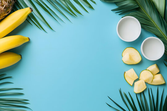 藍(lán)色背景上的熱帶水果和棕櫚葉