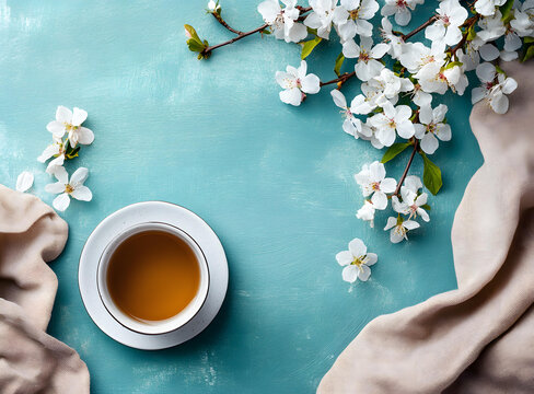 藍(lán)色的背景上，一杯茶和白色的花朵