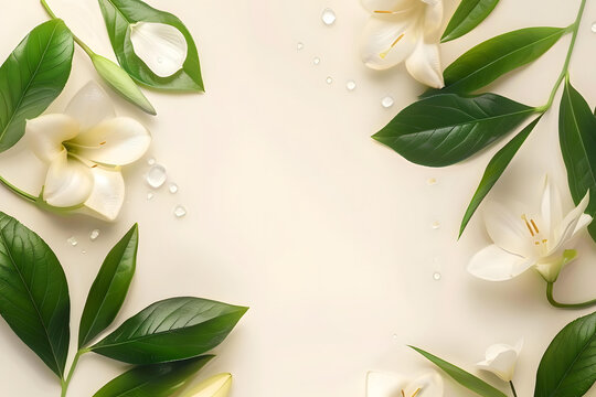 白色百合花綠葉水滴背景