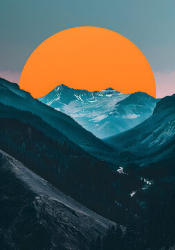 山脈景觀與橘色太陽