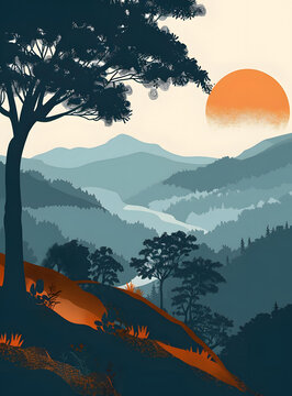 山巒剪影與夕陽(yáng)背景