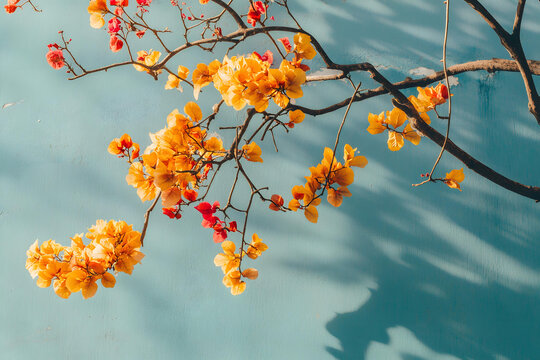 藍(lán)色墻上的黃色紅色花朵