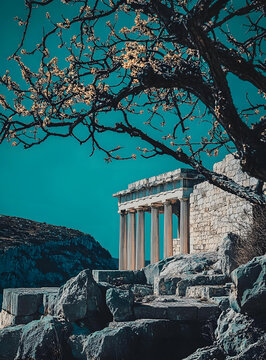 希臘古代神廟遺址，樹枝前景