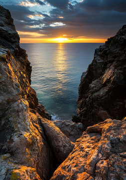 夕陽(yáng)西下，巖石峭壁
