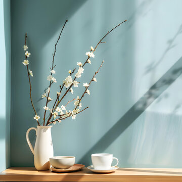 木質(zhì)桌面上的白色花瓶和茶杯