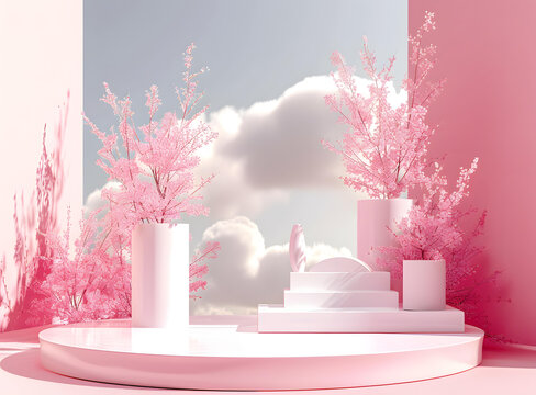 粉紅色極簡產(chǎn)品展示平臺，搭配櫻花