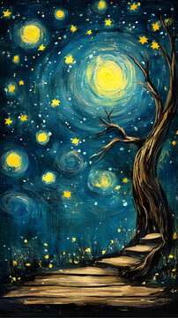 星空下的樹木和月亮